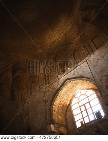 Window And Masjed-e Jameh Mosque Ceiling With Roof Circle Window And Muqarna. Beautiful Oldest Irani