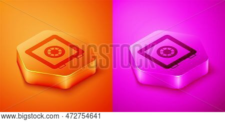 Isometric Safe Icon Isolated On Orange And Pink Background. The Door Safe A Bank Vault With A Combin