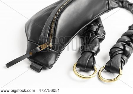 Handmade Black Genuine Leather Unisex Waistbag Closeup With Focus On Accessories Details On White Ba