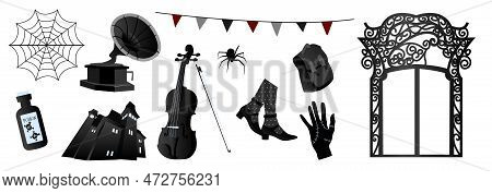 Gothic Set In The Style Of Wednesday. Gothic Black Arch, Cello, Poison, Spider Web, Briefcase, Spide