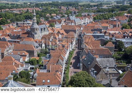 City View With Historic Town Hall, View From Sint Lievensmonstertoren In Zierikzee. Provinz  Zeeland