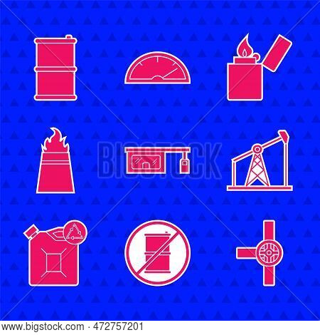Set Gas Filling Station, No Barrel For Gasoline, Industry Pipes And Valve, Oil Pump Pump Jack, Eco F
