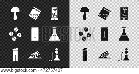 Set Psilocybin Mushroom, Plastic Bag Of Drug, Buying Drugs Online On Phone, Lighter, Cocaine And Cre