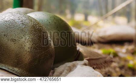 Wwii American Metal Helmets Of United States Army Infantry Soldier At World War Ii. Helmets Near Cam