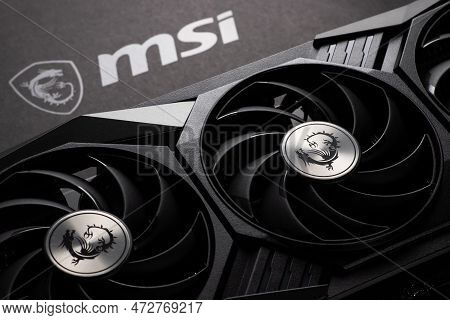 Dnipro, Ukraine - February 23, 2023: Msi Graphics Video Card Details With Logo, Pc Hardware Close-up