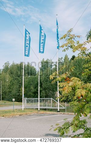 Helsinki, Finland - August 22, 2022: Three Biltem Flags Fluttering In Wind At Entrance Of Swedish St