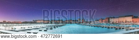Helsinki, Finland. Very Peri Starry Sky. Panoramic View Of Kanavaranta Street With Uspenski Cathedra