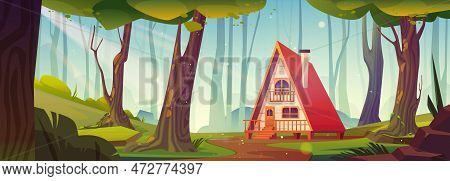 Forest Hut Vector Illustration. Woodland House Cartoon Background. Woods Cabin With Porch And Stairs