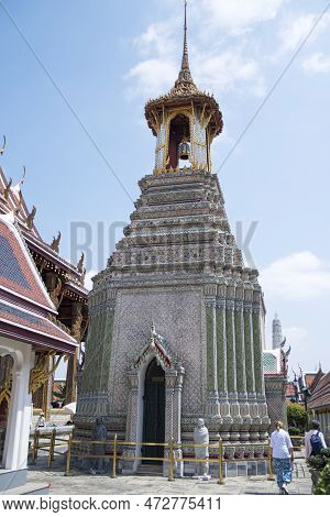 Bangkok, Thailand- 13 Feb, 2023: Green And Blue Mosaic Bell Tower Called Ho Rakhang In Grand Palace,