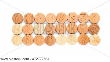 Many Wooden Runes Isolated On White, Top View