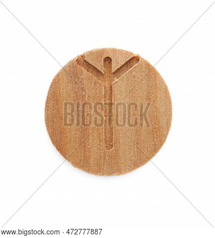 Wooden Rune Algiz Isolated On White, Top View