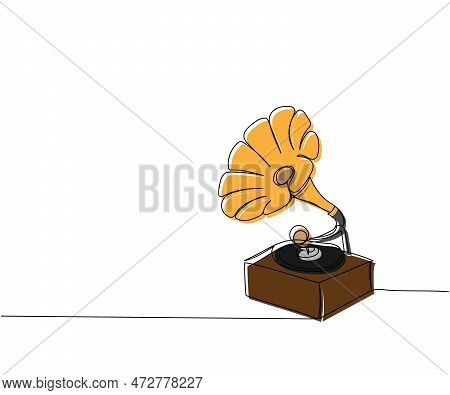 Gramophone One Line Color Art. Continuous Line Drawing Of Listen, Instrument, Volume, Music, Record,