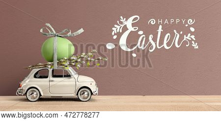 Retro Car Carrying An Easter Egg On The Roof. Happy Easter Lettering