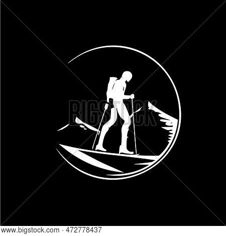 Skier Logo Template, Mountain Skis Emblem, Dotwork Tattoo With Dots Shading, Tippling Tattoo. Hand D