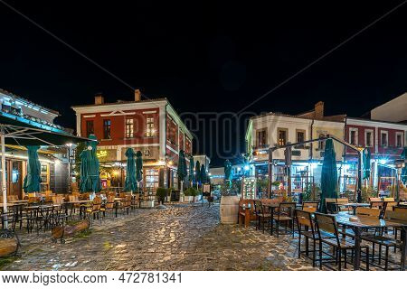 Korce Albania - 01.03.2023: Old Bazaar Of Korca City Filled With No People At Night