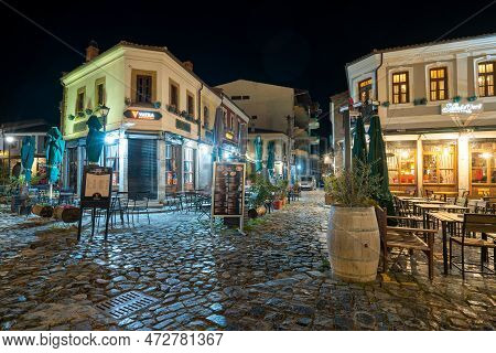Korce Albania - 01.03.2023: Old Bazaar Of Korca City Filled With No People At Night