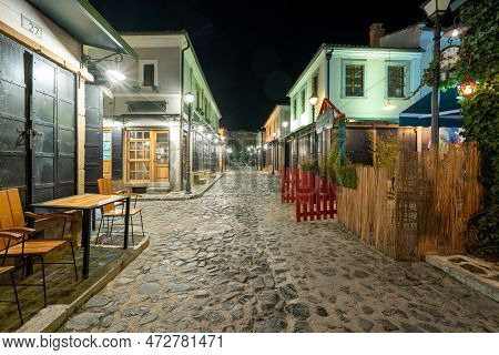 Korce Albania - 01.03.2023: Old Bazaar Of Korca City Filled With No People At Night