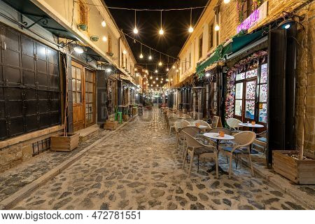Korce Albania - 01.03.2023: Old Bazaar Of Korca City Filled With No People At Night
