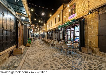 Korce Albania - 01.03.2023: Old Bazaar Of Korca City Filled With No People At Night