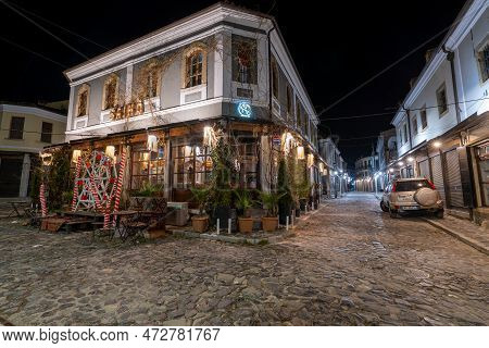 Korce Albania - 01.03.2023: Old Bazaar Of Korca City Filled With No People At Night