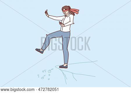 Blindfolded Girl Steps Forward Dont Know About Cliff And Danger To Fall Down For Risk Business Conce