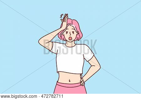 Forgetful Shocked Girl Clutching Head, Opens Mouth Wide Remembering About Things Not Done Or Keys Fo