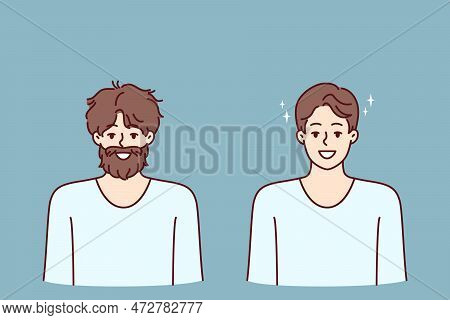 Man Before And After Going To Barbershop To Professional Stylist For Hair And Beard Care. Man Smiles