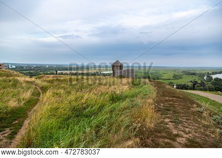 Ancient Wooden Fortress On A Background Of River Spaces. Russia, Tatarstan, Ancient Bulgar Fortress 