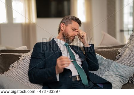 Head Pain Concept. Cephalalgia And Migraine. Man With Sinus Headache, Tension Or Cluster Headache. H