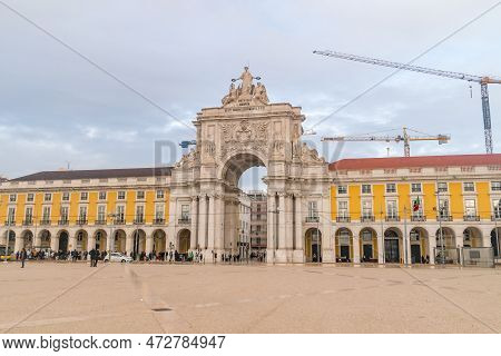 Lisbon, Portugal - December 4, 2022: The Rua Augusta Arch (portuguese: Arco Da Rua Augusta). The Arc