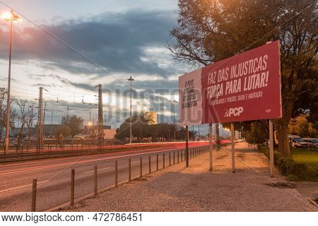 Lisbon, Portugal - December 4, 2022: Street View With Billboard Of The Portuguese Communist Party (p