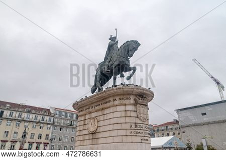 Lisbon, Portugal - December 5, 2022: Statue Of King John I (estatua De Dom Joao I) At Praca Dom Pedr