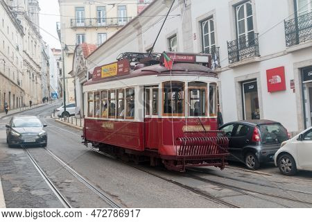 Lisbon, Portugal - December 5, 2022: Hills Tramcar, Hills Tramcar Tour Of Lisbon.