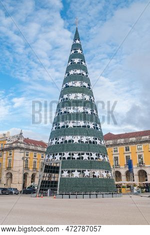 Lisbon, Portugal - December 5, 2022: Huge Christmas Tree On Praca Do Commercio Square.