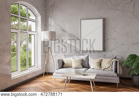 Cozy Living Room Interior In Room Corner; Sunlight Shining Trough Window; Floorlamp And Couch Table 