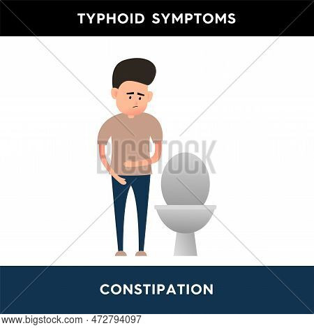 Vector Illustration Of A Man Standing Near The Toilet And Holding His Hand On His Stomach. The Perso