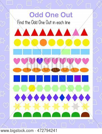 Odd One Out Find And Circle Geometry Shape Of Different Color In Line Vector Illustration, Education