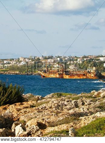 Wreck Of Edro Iii Ship On A Sea Coast. Coral Bay Cyprus.