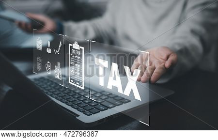 Hand Using Tablet With Bar  Tax Refund And Refund Tax Of Duty Taxation Business, Graphs And Chart Be