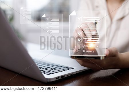 Signing Electronic Documents On Digital Documents Online, Businessman With Contract Electronic Signa