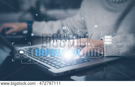 Woman Using Laptop With Bar Of Update Software Computer Program Upgrade Business Technology Internet