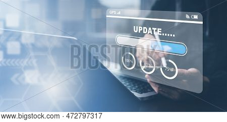 Hand Touch Bar Of Update Software Computer Program Upgrade Business Technology Internet, Update On V
