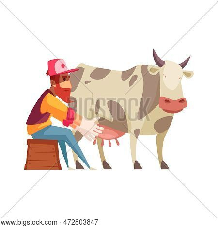 Bearded Man Milking Cow Flat Vector Illustration