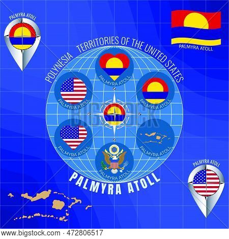 Set Of Vector Illustrations Of Palmyra Atoll Flag, Contour Map, Icons. Us Territory. Travel Concept.