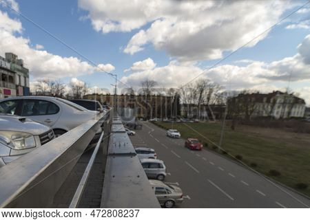 The Railing In The Multi-storey Car Park Next To The Shopping Mall. Stainless Steel Balustrade In Th