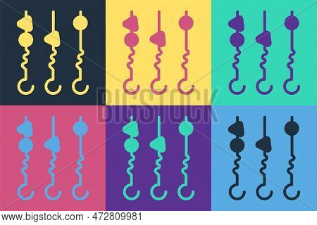 Pop Art Grilled Shish Kebab On Skewer Stick Icon Isolated On Color Background. Meat Kebab On Skewer 