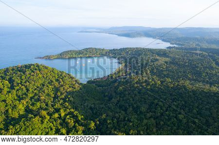 Igh Aerial View Of Azure Waters, White Sandy Beaches And Rich Forest Nature On Koh Kood In Thailand.