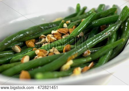 Green Bean Almandine On White Dish To Be Served