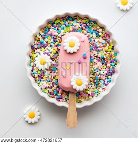 A Homemade Cakesicle In A Bowl Of Sprinkles Decorated With Edible Flowers.