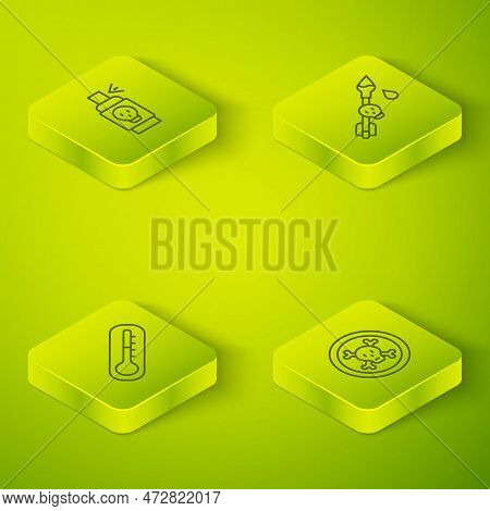Set Isometric Line Poison On The Arrow, Thermometer, Bones And Skull And Spray Against Insects Icon.